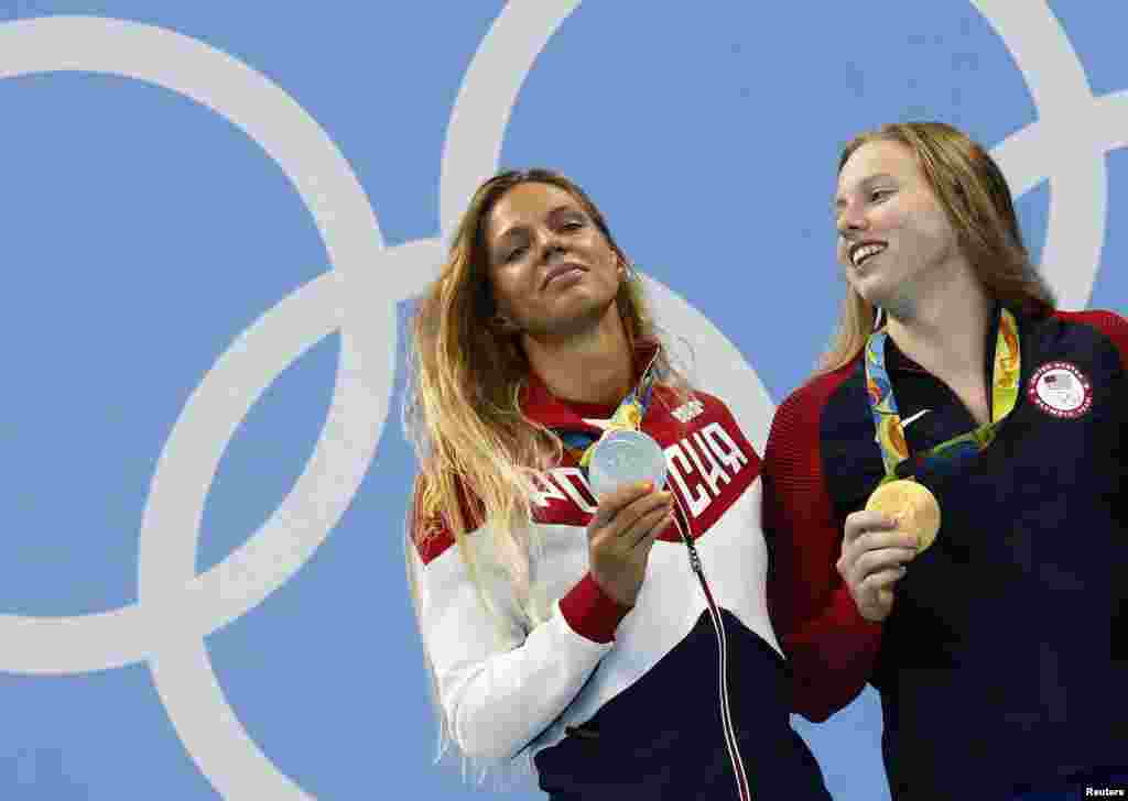 The drug issue led to a war of words between U.S. swimmer Lilly King (right) and two-time doping transgressor Yulia Efimova of Russia. King said after beating Efimova in a race that she should not have been allowed to compete in Rio.