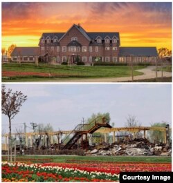 Комбінована фотографія, на якій зображена головна будівля «Добропарку» до російського вторгнення й та ж будівля у травні 2022 року після того, як це місце , як кажуть, служило плацдармом для російських військових, й було вже частково відреставровано