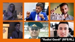 Осужденные таджикские журналисты (сверху) - Ульфатхоним Мамадшоева, Завкибек Саидамини, Далер Имомали, (снизу) - Хушруз Джумаев, Мухаммади Султон и Абдулло Гурбати