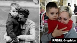 Німецька жінка із сином плаче, побачивши зруйнований будинок у січні 1945 року в Берліні, та українка із сином плаче у бальному залі, переобладнаному у тимчасовий притулок у Сучаві (Румунія)