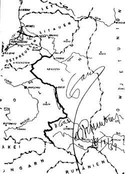 გაზეთ "იზვესტიას" მიერ 1939 წლის 28 სექტემბერს, საბჭოთა კავშირის მიერ პოლონეთზე თავდასხმამდე ერთი დღით ადრე გამოქვეყნებული რუკა, რომელზეც ნაჩვენებია მოლოტოვ-რიბენტროპის პაქტის შედეგად გავლებული სადემარკაციო ზოლი.