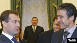 Russian President Dmitry Medvedev (left) meets with NATO Secretary-General Anders Fogh Rasmussen in Moscow in December 2009.