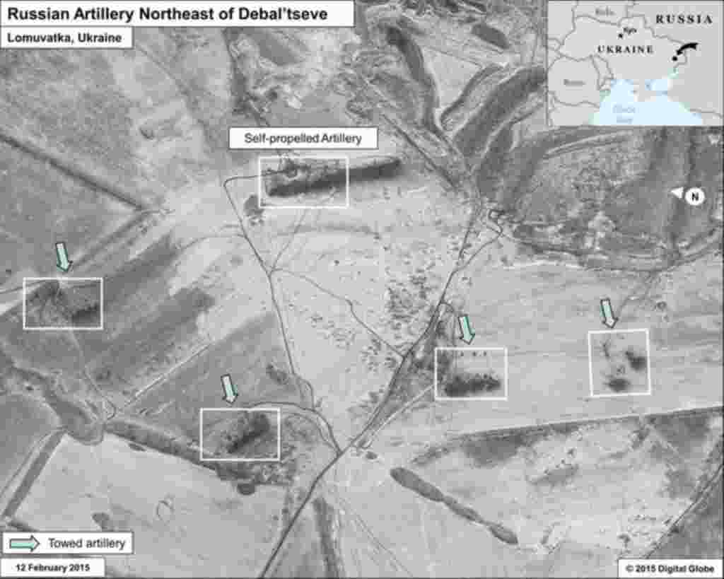Одна із супутникових фотографій російських військ на Донбасі біля Дебальцева, яку опублікував 14 лютого 2015 року у своєму twitter посол США в Україні 
