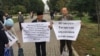 Members of the Tatar Public Center (TIU) NGO protest in Kazan on August 30,